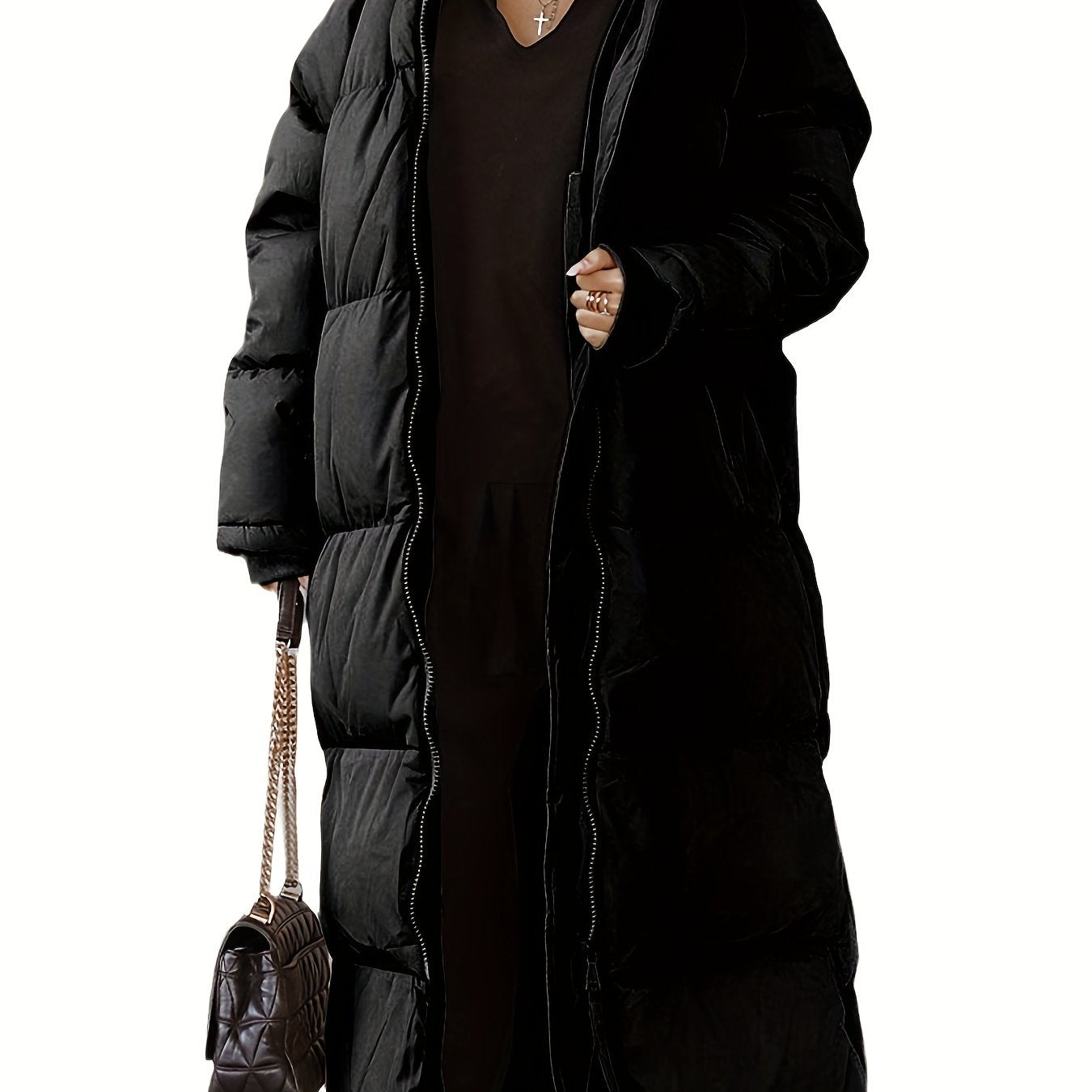 Solid Long Length Down Perka, Casual Hooded Zip Up Warm Outerwear, Women's Clothing