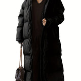 Solid Long Length Down Perka, Casual Hooded Zip Up Warm Outerwear, Women's Clothing