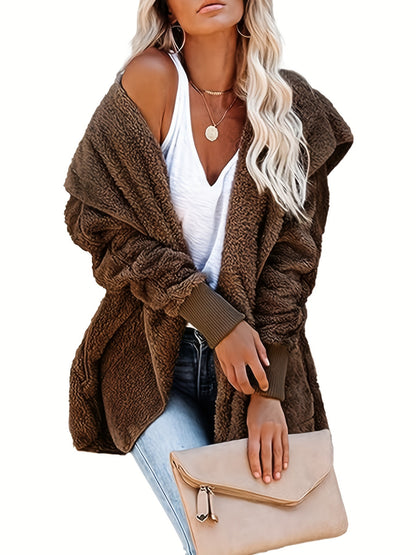 Solid Hooded Fuzzy Coat, Casual Long Sleeve Open Front Coat For Winter & Fall, Women's Clothing