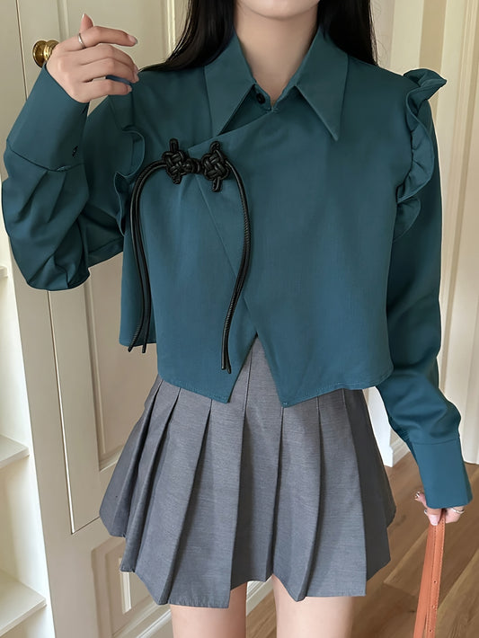 vlovelaw Solid Chinese Frog Button Ruffle Trim Blouse, Long Sleeve Lapel Collar Casual Blouse, Women's Clothing