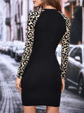 Leopard Print Raglan Sleeve Bodycon Dress, Casual Crew Neck Slim Dress For Spring & Fall, Women's Clothing