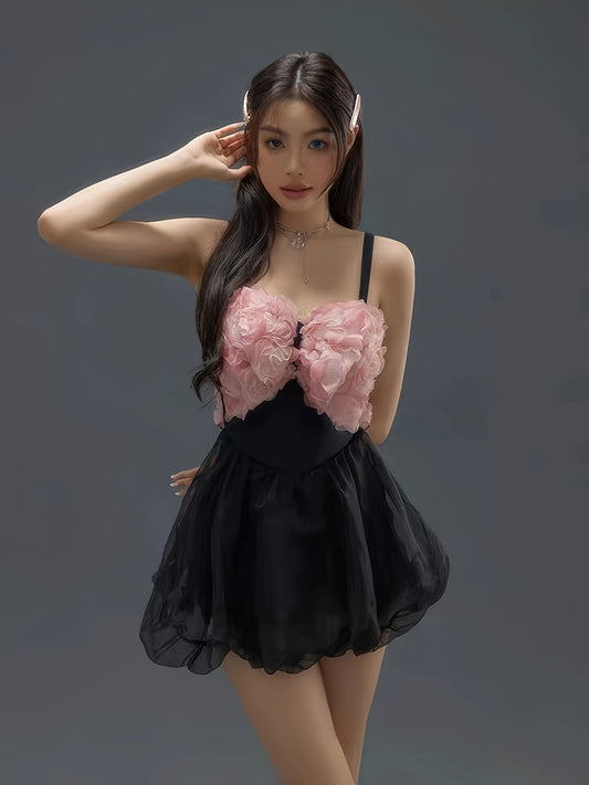vlovelaw  Contrast Color One-piece Swimsuit, Backless Babydoll Style Skirted Bathing Suits, Women's Swimwear & Clothing
