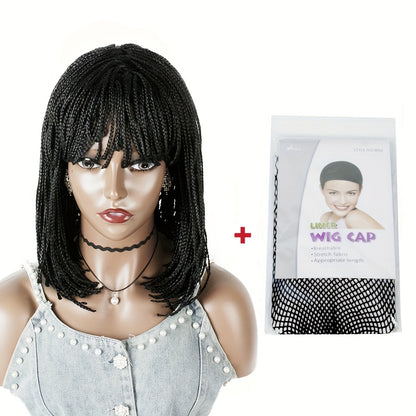 12 Inch Short Box Braid BoBo Wig - Synthetic Hair, Straight Style, Elastic Net Cap, Cornrow Braided Design, Bangs, Basics Style for African Women