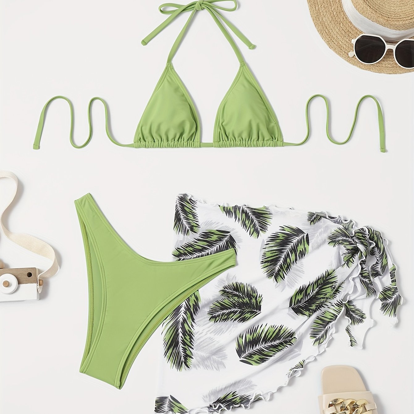 Three-Piece Bikini Set - Flattering Halter Neck Design, Ultra Quick-Drying Technology, Comfortable Four-Way Stretch Fabric - Designed for Women, Vibrant Feather Print Pattern, Matching Cover Up Skirt, Perfect for Beachwear and Poolside Fashion
