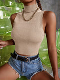 vlovelaw  Solid Turtle Neck Crop Knitted Top, Casual Sleeveless Top For Summer, Women's Clothing