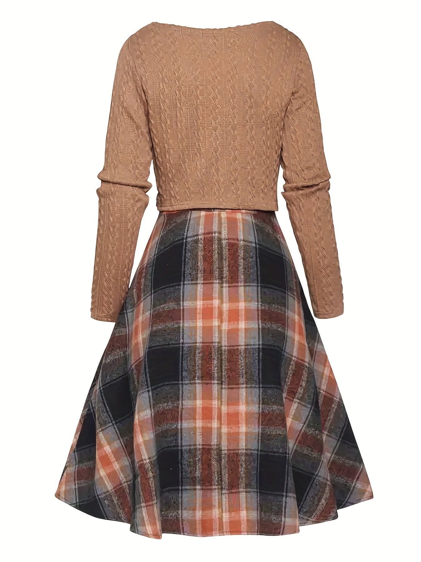 vlovelaw  Elegant Two-piece Dress Set, Textured Crop Top & Plaid Aline Swing Dress Outfits, Women's Clothing