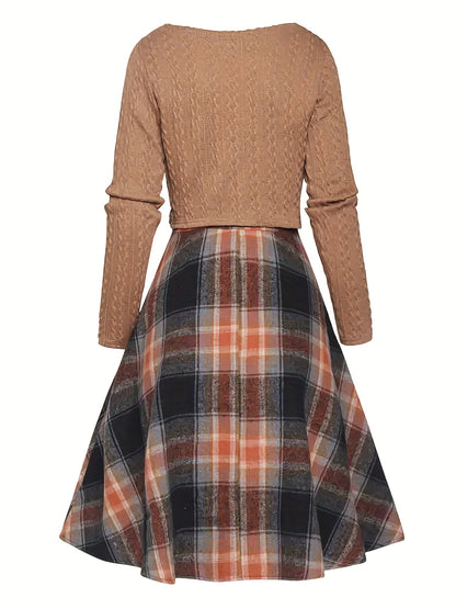 vlovelaw  Elegant Two-piece Dress Set, Textured Crop Top & Plaid Aline Swing Dress Outfits, Women's Clothing