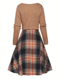 vlovelaw  Elegant Two-piece Dress Set, Textured Crop Top & Plaid Aline Swing Dress Outfits, Women's Clothing