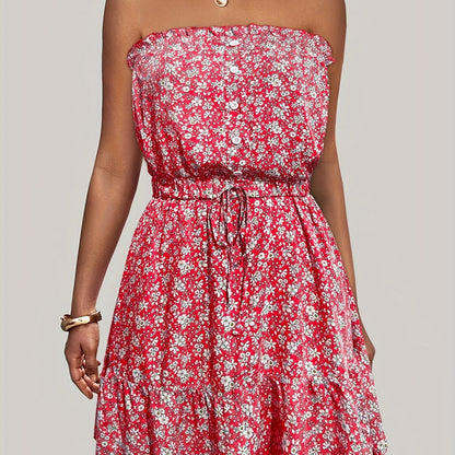 Ditsy Floral Off Shoulder Dress, Sexy Sleeveless Drawstring Summer Dress, Women's Clothing