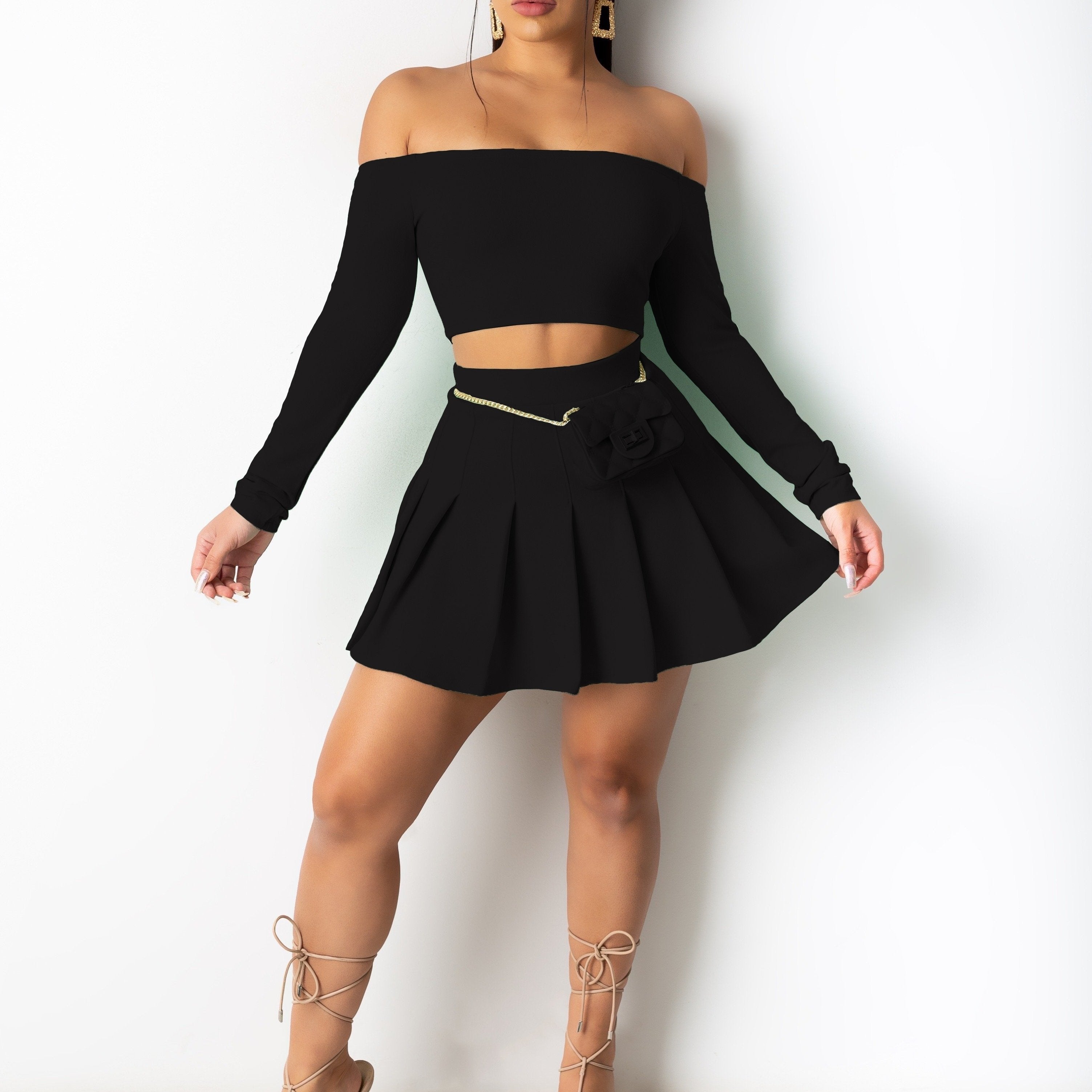 vlovelaw  Solid Elegant Two-piece Set, Off Shoulder Long Sleeve Crop Top & Pleated Mini Skirt Outfits, Women's Clothing