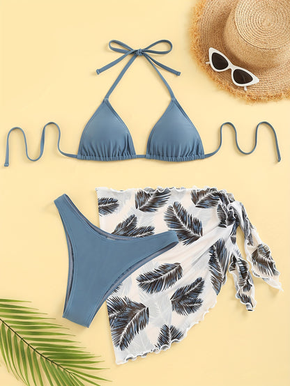 Three-Piece Bikini Set - Flattering Halter Neck Design, Ultra Quick-Drying Technology, Comfortable Four-Way Stretch Fabric - Designed for Women, Vibrant Feather Print Pattern, Matching Cover Up Skirt, Perfect for Beachwear and Poolside Fashion