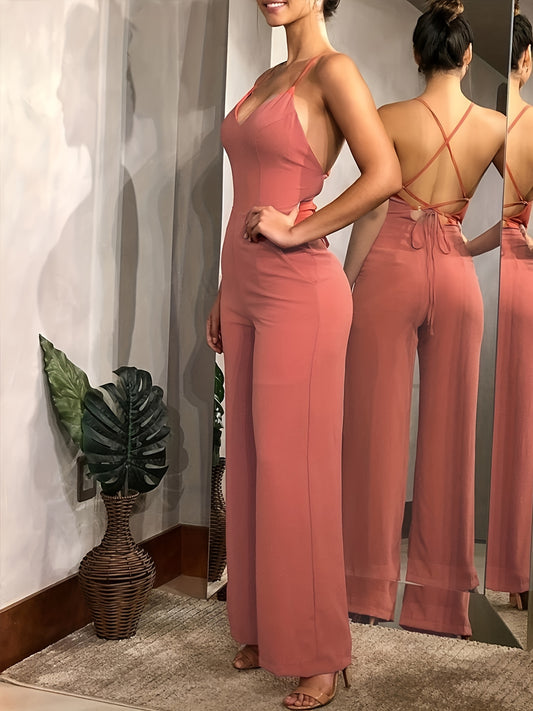 vlovelaw  Cross Tie Back V-neck Jumpsuit, Sexy Solid Backless Jumpsuit For Spring & Summer, Women's Clothing