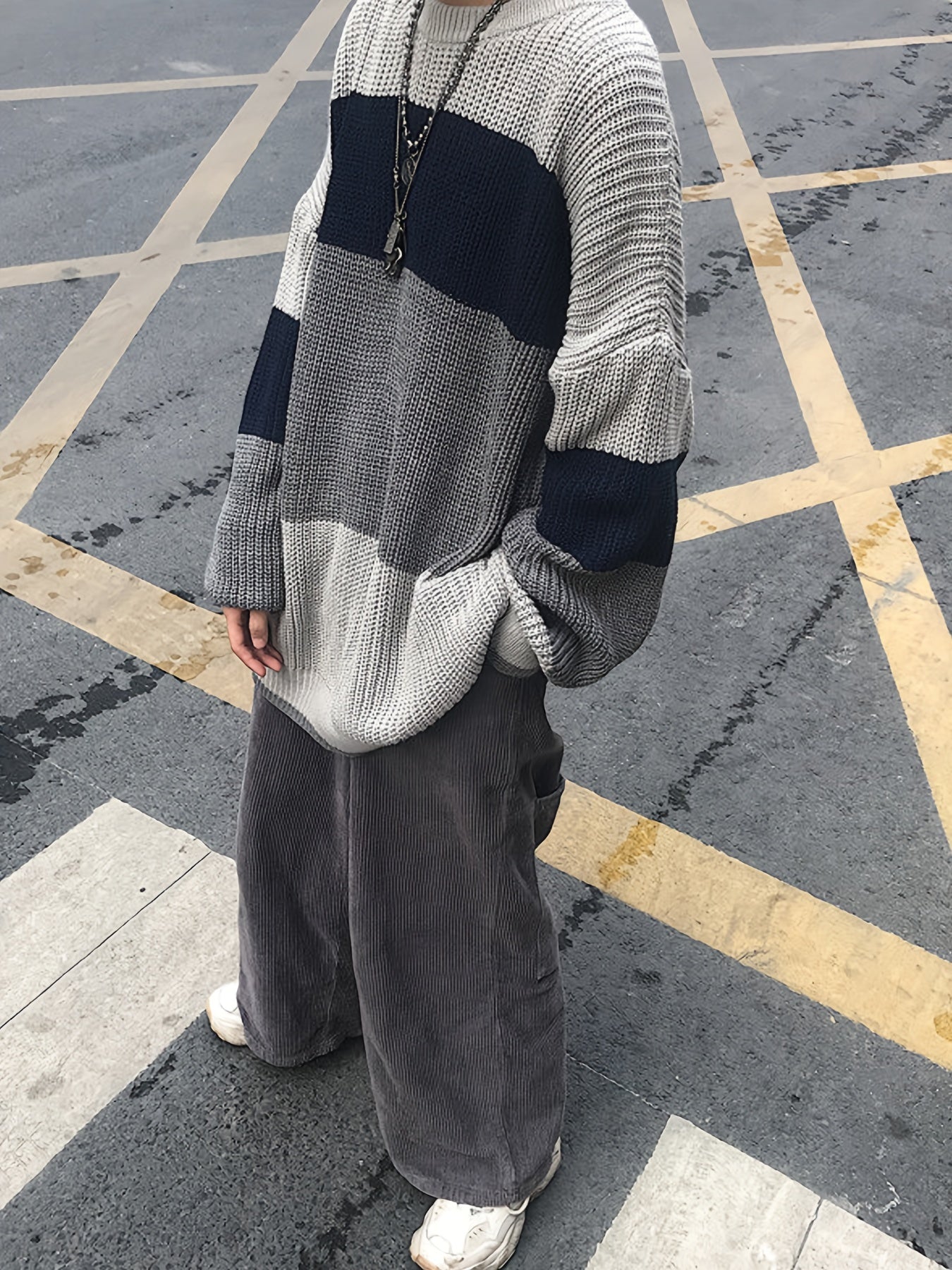 vlovelaw  Color Block Crew Neck Pullover Sweater, Vintage Long Sleeve Oversized Slouchy Sweater, Women's Clothing