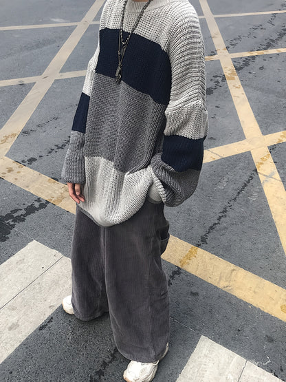 vlovelaw  Color Block Crew Neck Pullover Sweater, Vintage Long Sleeve Oversized Slouchy Sweater, Women's Clothing