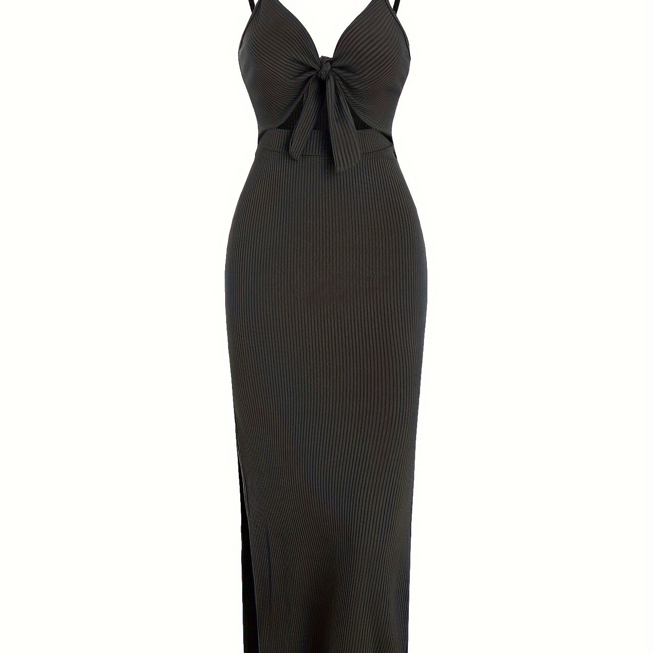 vlovelaw Sexy Spaghetti Strap Ribbed Knot Cutout Side Split Maxi Dress, Solid Body-Con Dress For Spring & Fall, Women's Clothing