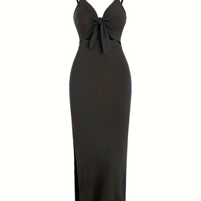 vlovelaw Sexy Spaghetti Strap Ribbed Knot Cutout Side Split Maxi Dress, Solid Body-Con Dress For Spring & Fall, Women's Clothing