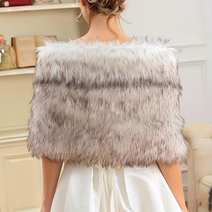 vlovelaw Solid Color Faux Fur Shawl, Elegant Style Thickened Warm Furry Cape With Rhinestone Buckle, Wedding Dress Outside Warm Plush Shawl For Bridal