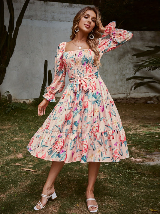 vlovelaw  Vintage Floral Print Dress, Boho Shirred Tiered Long Sleeve Dress, Women's Clothing