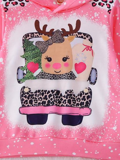 Girls Christmas Deer Print Hoodie Sweatshirt, Kids Long Sleeve Daily Casual Tops For Fall/ Spring, Gift Idea