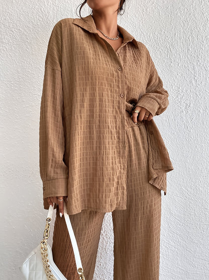 vlovelaw  Casual Textured Solid Two-piece Set, Long Sleeve Button Front Shirt & Straight Leg Pants Outfits, Women's Clothing