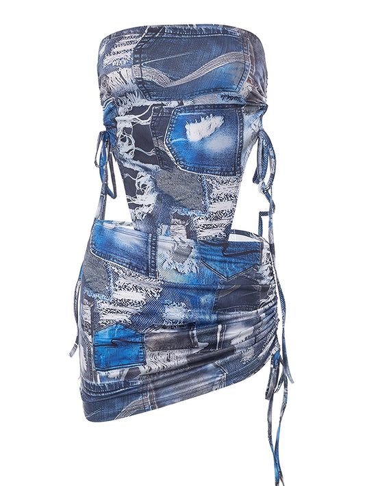 vlovelaw  Denim Print Two-piece Skirt Set, Drawstring Tube Bodysuit & Bodycon Ruched Skirt Outfits, Women's Clothing