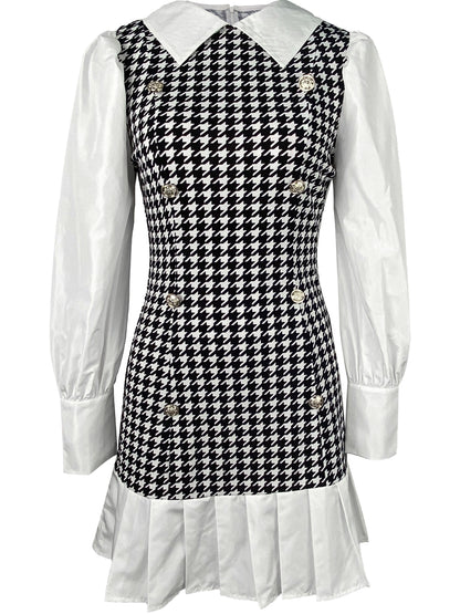 Houndstooth Print 2 In 1 Blouse With Dress, Elegant Long Sleeve Dress For Spring & Fall, Women's Clothing