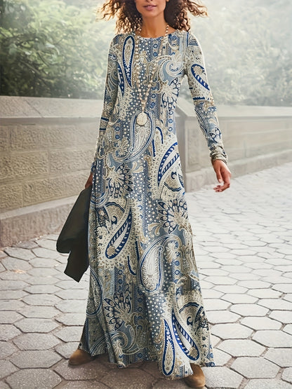 Paisley Print Maxi Dress, Boho Crew Neck Long Sleeve Maxi Dress, Women's Clothing