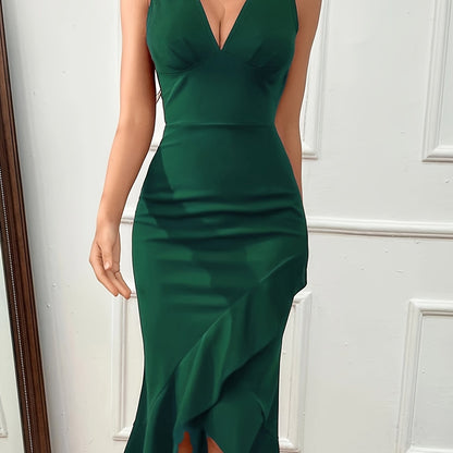 Solid Ruffle Trim Asymmetrical Tank Dress, Elegant V-neck Sleeveless Bodycon Dress For Party & Banquet, Women's Clothing