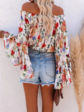 vlovelaw Women's T-shirt Women Floral Print Smocked Cuff Flare Sleeve Shirt