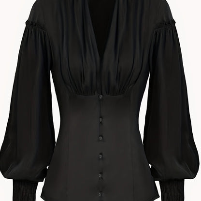Ruched V Neck Tunic Blouse, Stylish Shirred Lantern Sleeve Victorian Blouse, Women's Clothing