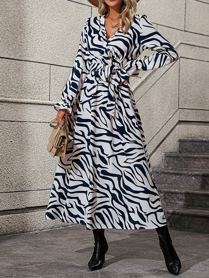 Zebra Stripe Print Lantern Sleeve Dress, Surplice Neck Tie-waist Dress, Women's Clothing