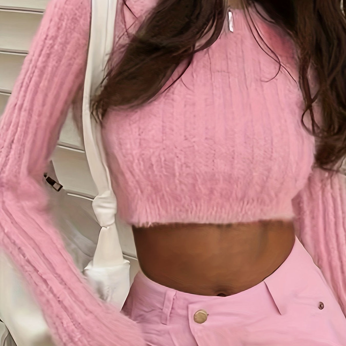 vlovelaw Y2K Solid Crew Neck Crop Sweater, Long Sleeve Sweater For Spring & Fall, Women's Clothing