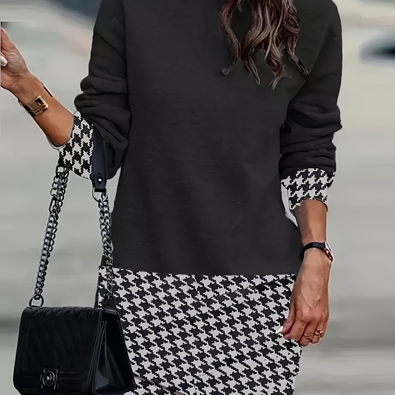 vlovelaw  Houndstooth Asymmetrical High Collar Long Sleeve Dress, Elegant Autumn Bag Hip Stylish Dress, Women's Clothing