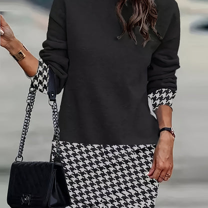 vlovelaw  Houndstooth Asymmetrical High Collar Long Sleeve Dress, Elegant Autumn Bag Hip Stylish Dress, Women's Clothing