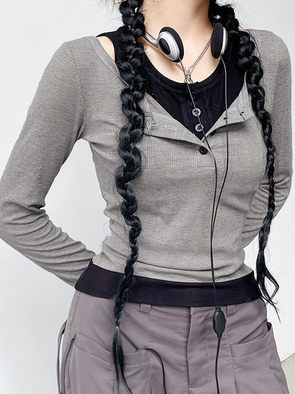 vlovelaw 2 In 1 Ribbed Button Front Crew Neck T-Shirt, Casual Long Sleeve T-Shirt For Spring & Fall, Women's Clothing