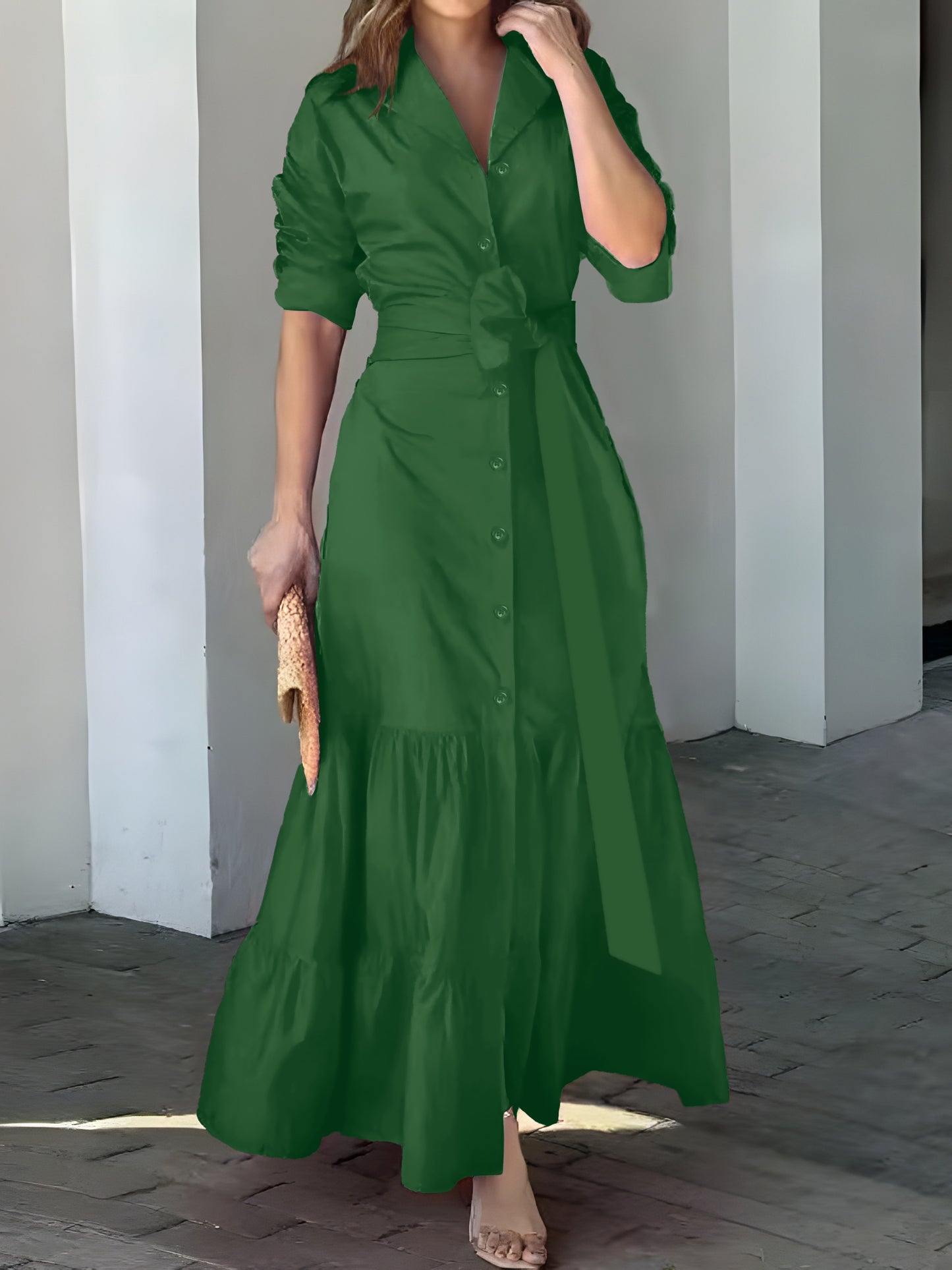 vlovelaw Solid Button Front Belted Dress, Elegant Ruched Sleeve Ruffle Trim Maxi Dress, Women's Clothing