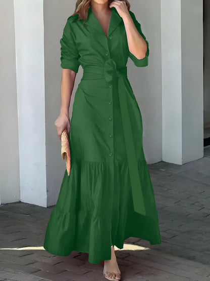 vlovelaw Solid Button Front Belted Dress, Elegant Ruched Sleeve Ruffle Trim Maxi Dress, Women's Clothing