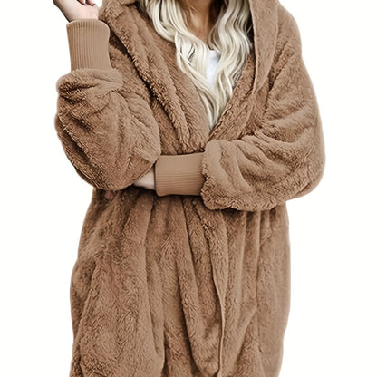 Solid Hooded Fuzzy Coat, Casual Long Sleeve Open Front Coat For Winter & Fall, Women's Clothing