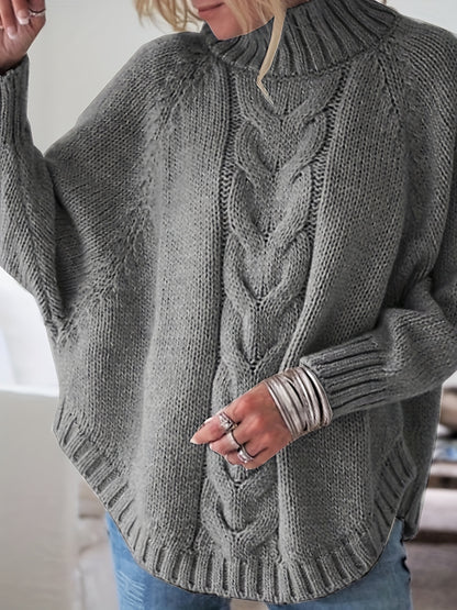 Cable Mock Neck Sweater, Vintage Batwing Sleeve Curved Hem Sweater, Women's Clothing