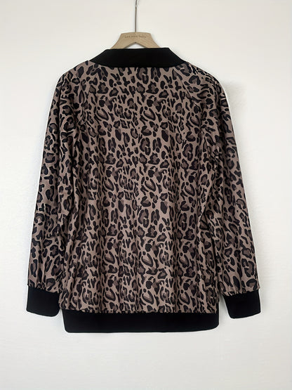 vlovelaw  Leopard Print Bomber Jacket, Casual Zip Up Long Sleeve Outerwear, Women's Clothing