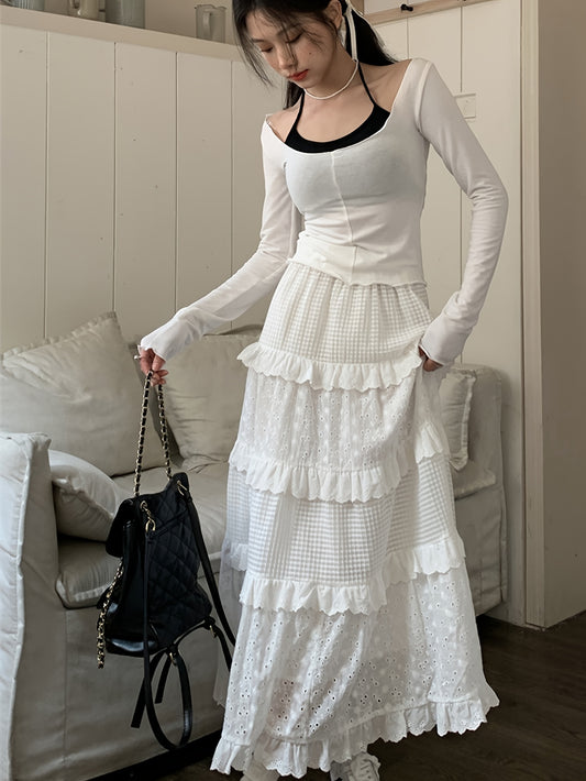 vlovelaw  Eyelet Embroidered Layer Ruffle Maxi Skirt, Boho Elastic Waist A Line Skirt, Women's Clothing