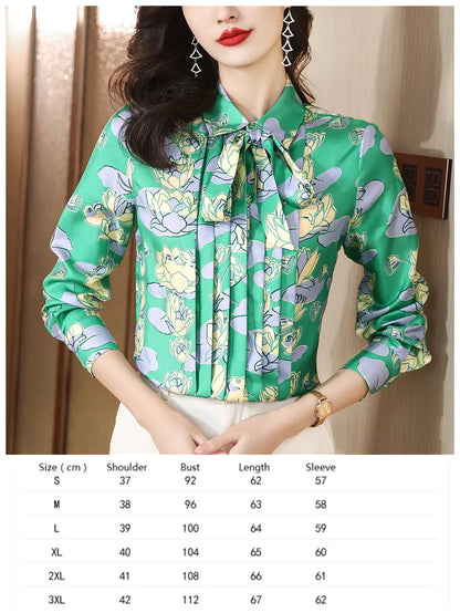 Ribbon Bow Women Silk Print Shirt Polka Dot Long Sleeve Button Up Blouses Office Ladies Casual Shirts Spring Autumn Designer Blouse Fine Elegant Tops Woman