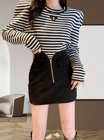 vlovelaw  Striped Crew Neck Knitted Top, Elegant Puff Sleeve Crop Stylish Sweater, Women's Clothing