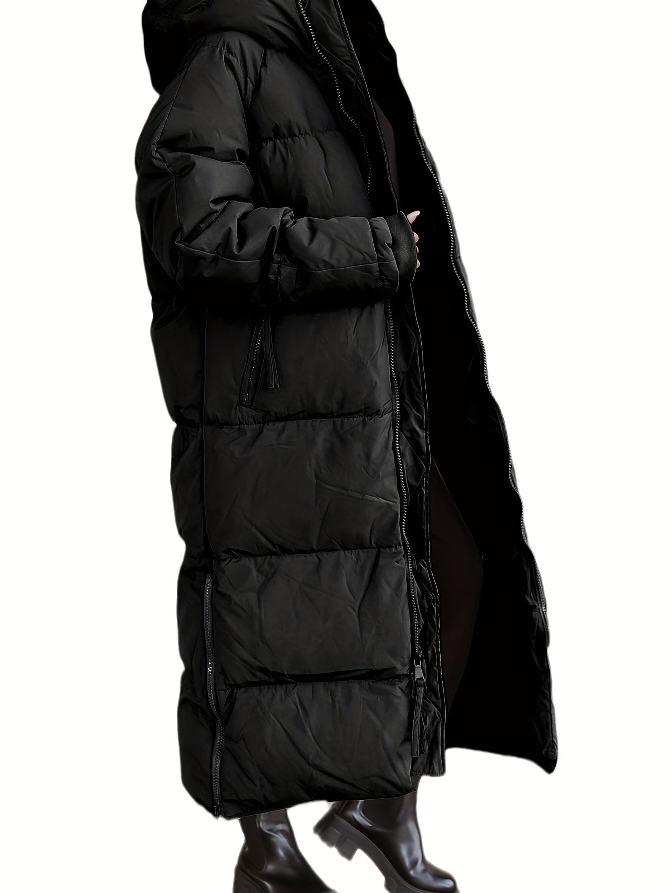 Solid Long Length Down Perka, Casual Hooded Zip Up Warm Outerwear, Women's Clothing