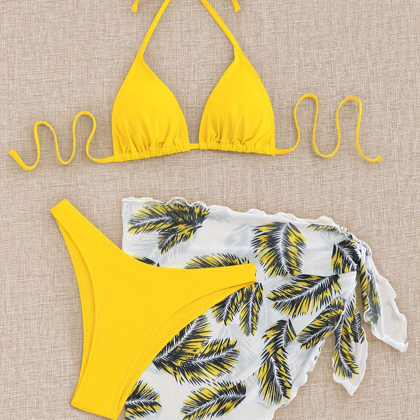 Three-Piece Bikini Set - Flattering Halter Neck Design, Ultra Quick-Drying Technology, Comfortable Four-Way Stretch Fabric - Designed for Women, Vibrant Feather Print Pattern, Matching Cover Up Skirt, Perfect for Beachwear and Poolside Fashion