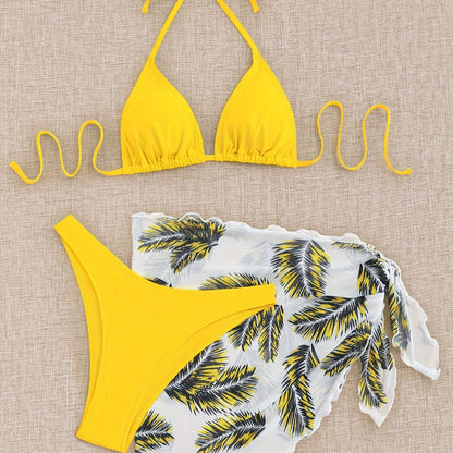 Three-Piece Bikini Set - Flattering Halter Neck Design, Ultra Quick-Drying Technology, Comfortable Four-Way Stretch Fabric - Designed for Women, Vibrant Feather Print Pattern, Matching Cover Up Skirt, Perfect for Beachwear and Poolside Fashion