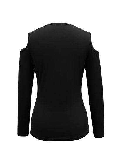 vlovelaw Zipper Color Block T-shirt, Casual Cold Shoulder Long Sleeve T-shirt, Women's Clothing