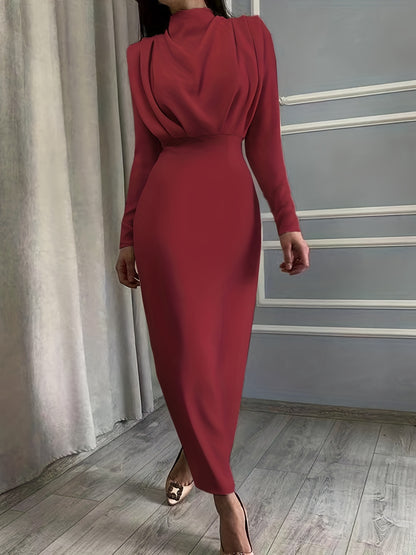 Solid Ruched Dress, Elegant Simple Long Sleeve Slim Waist Dress, Women's Clothing