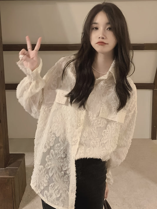 vlovelaw Floral Pattern Button Front Lace Blouse, Elegant Long Sleeve Loose Stylish Top, Women's Clothing