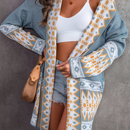 Aztec Print Knit Cardigan, Vintage Open Front Long Sleeve Sweater, Women's Clothing